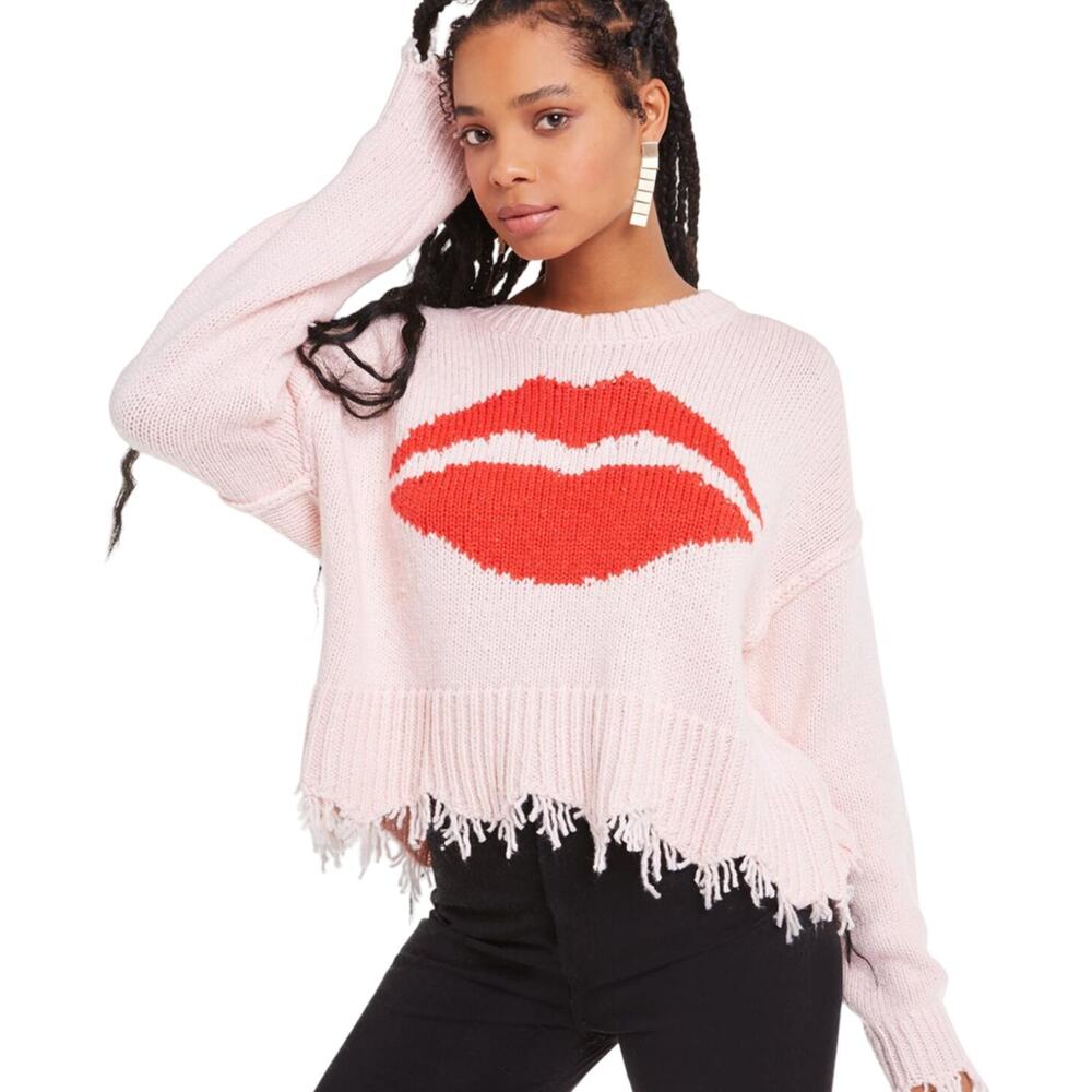 WILDFOX Large Luna Lip Frayed Hem Sweater Pink Cotton